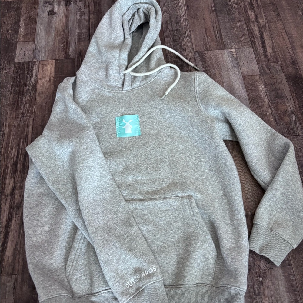 Dutch Bros Heather Gray Hoodie with Aqua Logo Patch